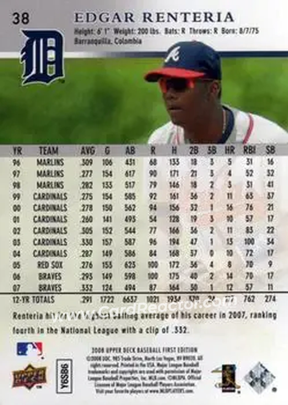 2008 Upper Deck First Edition #38 - Edgar Renteria - Detroit Tigers - Back 2008 Upper Deck First Edition #38 - Edgar Renteria - Detroit Tigers - Back