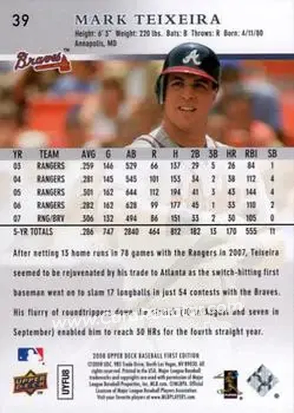 2008 Upper Deck First Edition #39 - Mark Teixeira - Atlanta Braves - Back 2008 Upper Deck First Edition #39 - Mark Teixeira - Atlanta Braves - Back