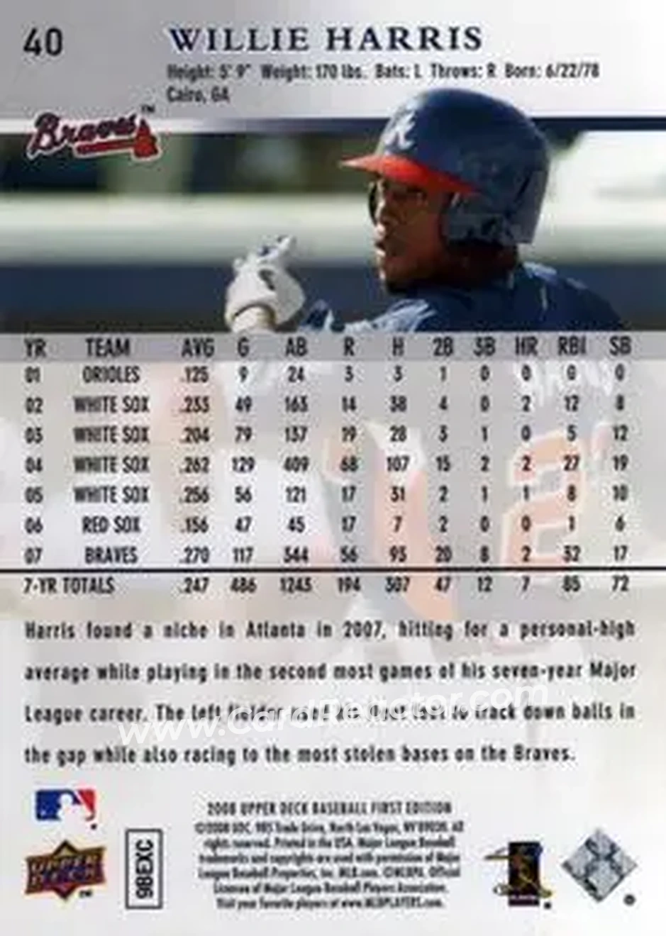 2008 Upper Deck First Edition #40 - Willie Harris - Atlanta Braves - Back 2008 Upper Deck First Edition #40 - Willie Harris - Atlanta Braves - Back