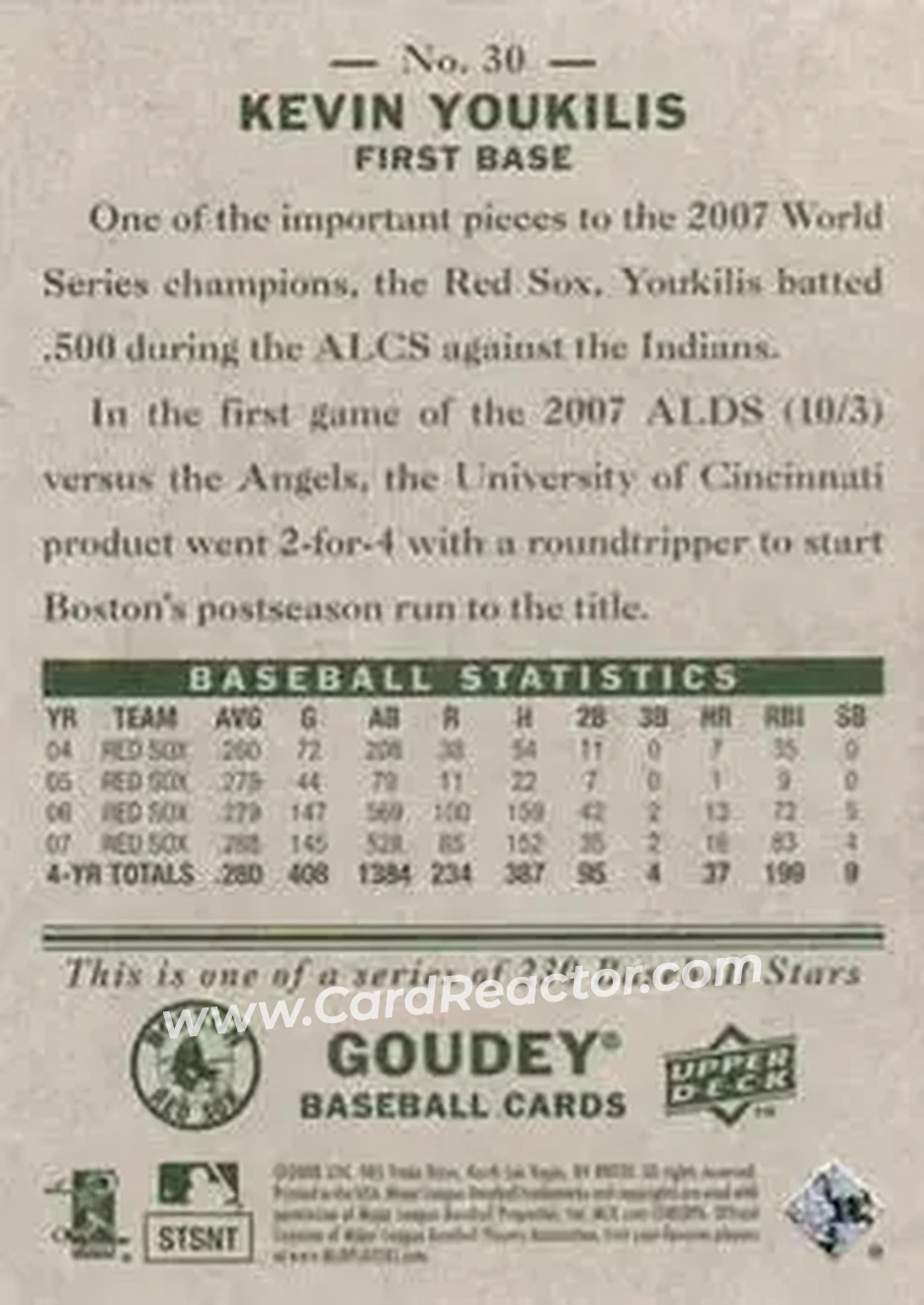 2008 Upper Deck Goudey #30 - Kevin Youkilis - Boston Red Sox - Back 2008 Upper Deck Goudey #30 - Kevin Youkilis - Boston Red Sox - Back