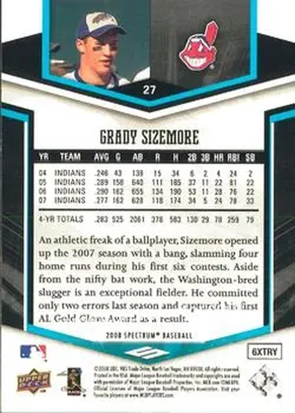 2008 Upper Deck Spectrum #27 - Grady Sizemore - Cleveland Indians - Back