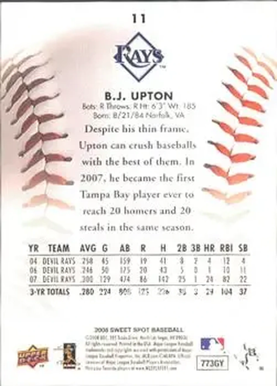2008 Upper Deck Sweet Spot #11 - B.J. Upton - Tampa Bay Rays - Back