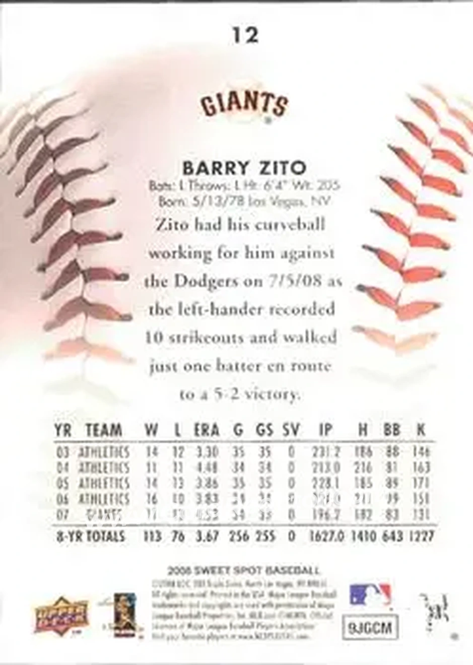 2008 Upper Deck Sweet Spot #12 - Barry Zito - San Francisco Giants - Back 2008 Upper Deck Sweet Spot #12 - Barry Zito - San Francisco Giants - Back