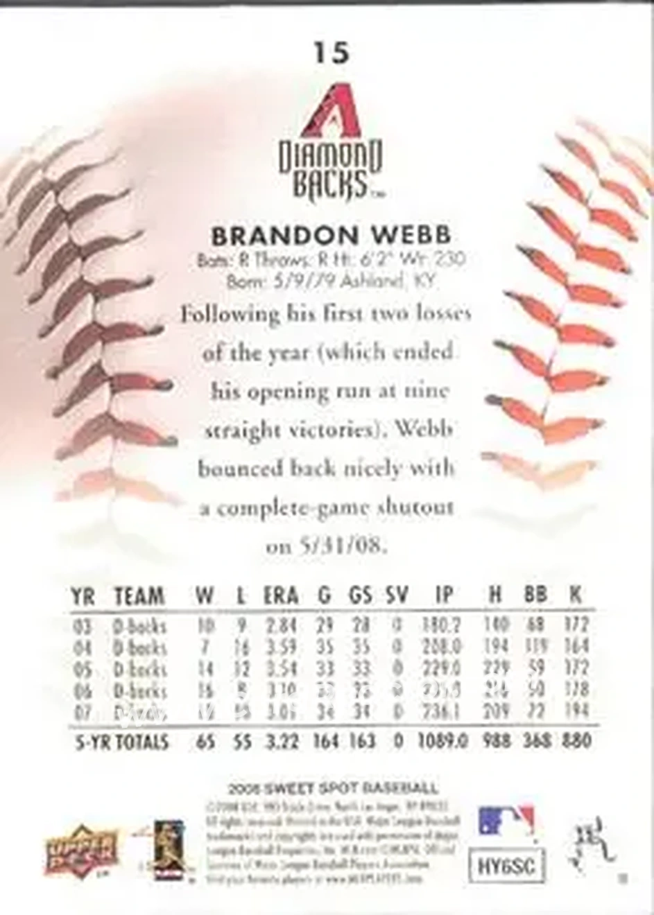 2008 Upper Deck Sweet Spot #15 - Brandon Webb - Arizona Diamondbacks - Back