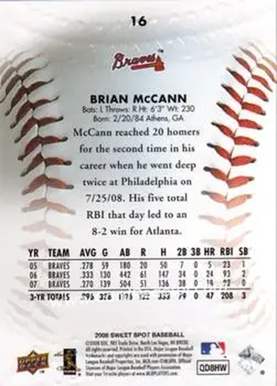2008 Upper Deck Sweet Spot #16 - Brian McCann - Atlanta Braves - Back