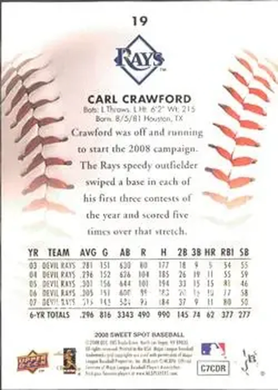2008 Upper Deck Sweet Spot #19 - Carl Crawford - Tampa Bay Rays - Back