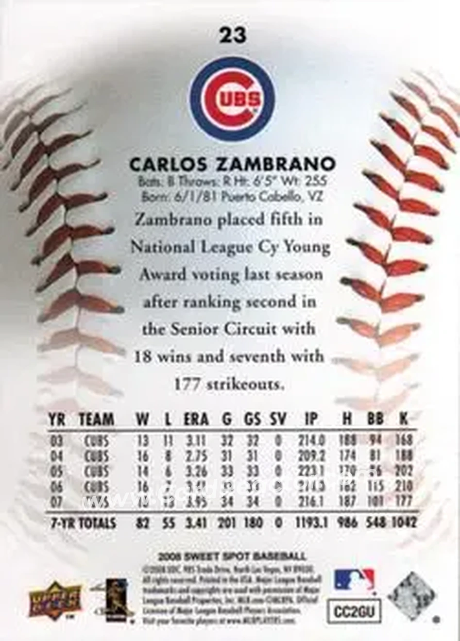 2008 Upper Deck Sweet Spot #23 - Carlos Zambrano - Chicago Cubs - Back