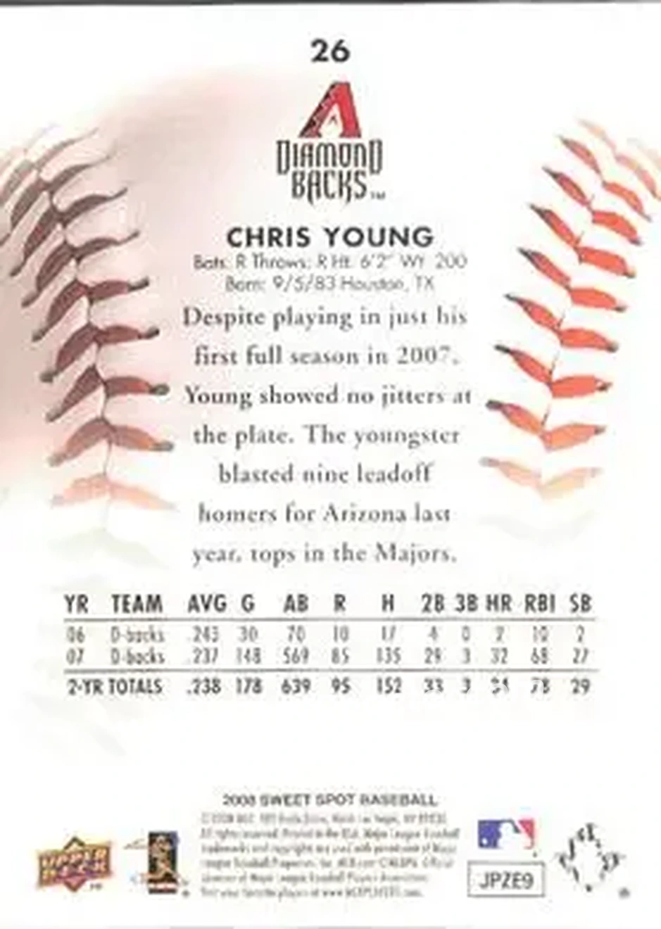 2008 Upper Deck Sweet Spot #26 - Chris Young - Arizona Diamondbacks - Back