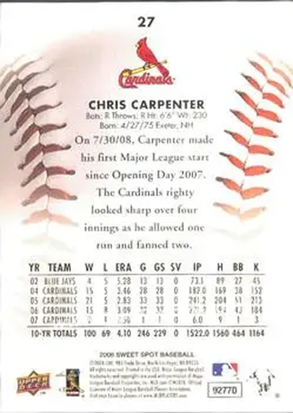2008 Upper Deck Sweet Spot #27 - Chris Carpenter - St. Louis Cardinals - Back
