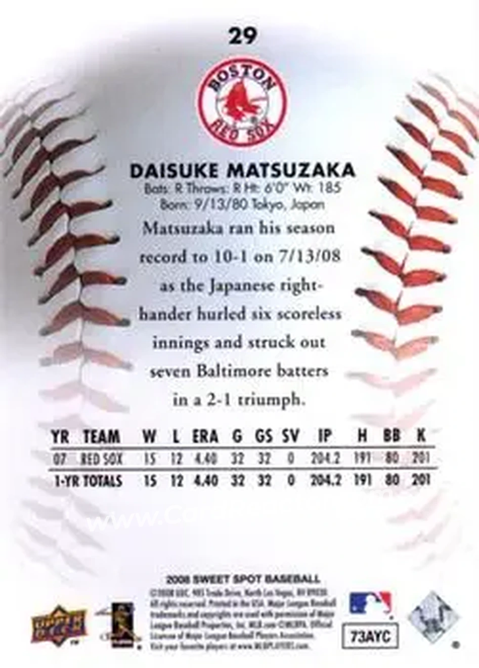 2008 Upper Deck Sweet Spot #29 - Daisuke Matsuzaka - Boston Red Sox - Back
