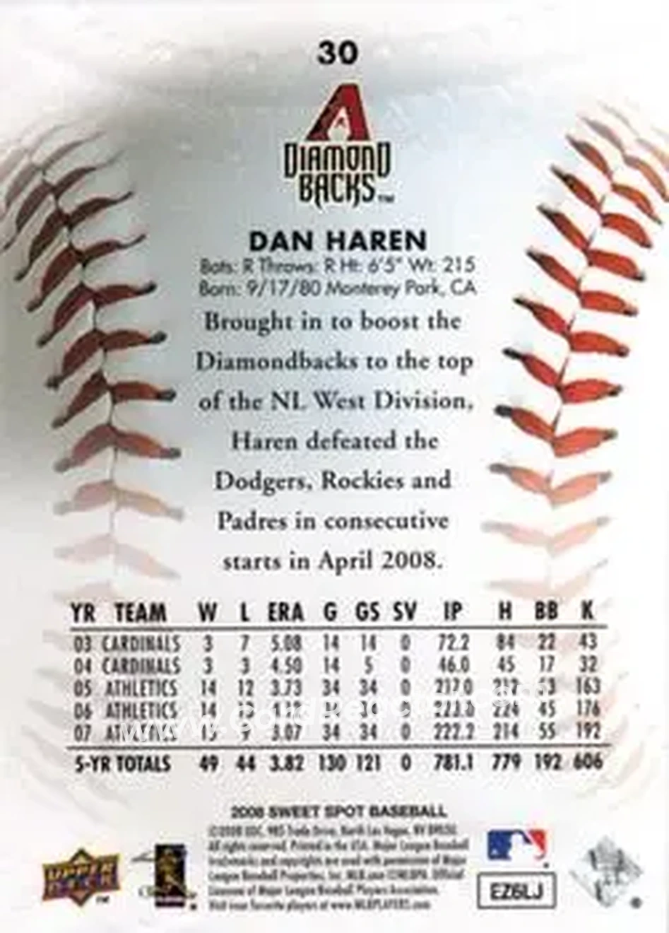 2008 Upper Deck Sweet Spot #30 - Dan Haren - Arizona Diamondbacks - Back 2008 Upper Deck Sweet Spot #30 - Dan Haren - Arizona Diamondbacks - Back
