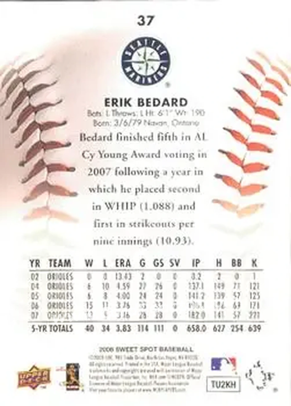 2008 Upper Deck Sweet Spot #37 - Erik Bedard - Seattle Mariners - Back 2008 Upper Deck Sweet Spot #37 - Erik Bedard - Seattle Mariners - Back