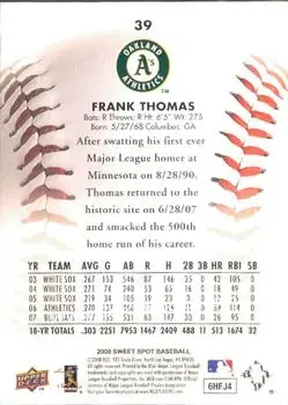 2008 Upper Deck Sweet Spot #39 - Frank Thomas - Oakland Athletics - Back 2008 Upper Deck Sweet Spot #39 - Frank Thomas - Oakland Athletics - Back