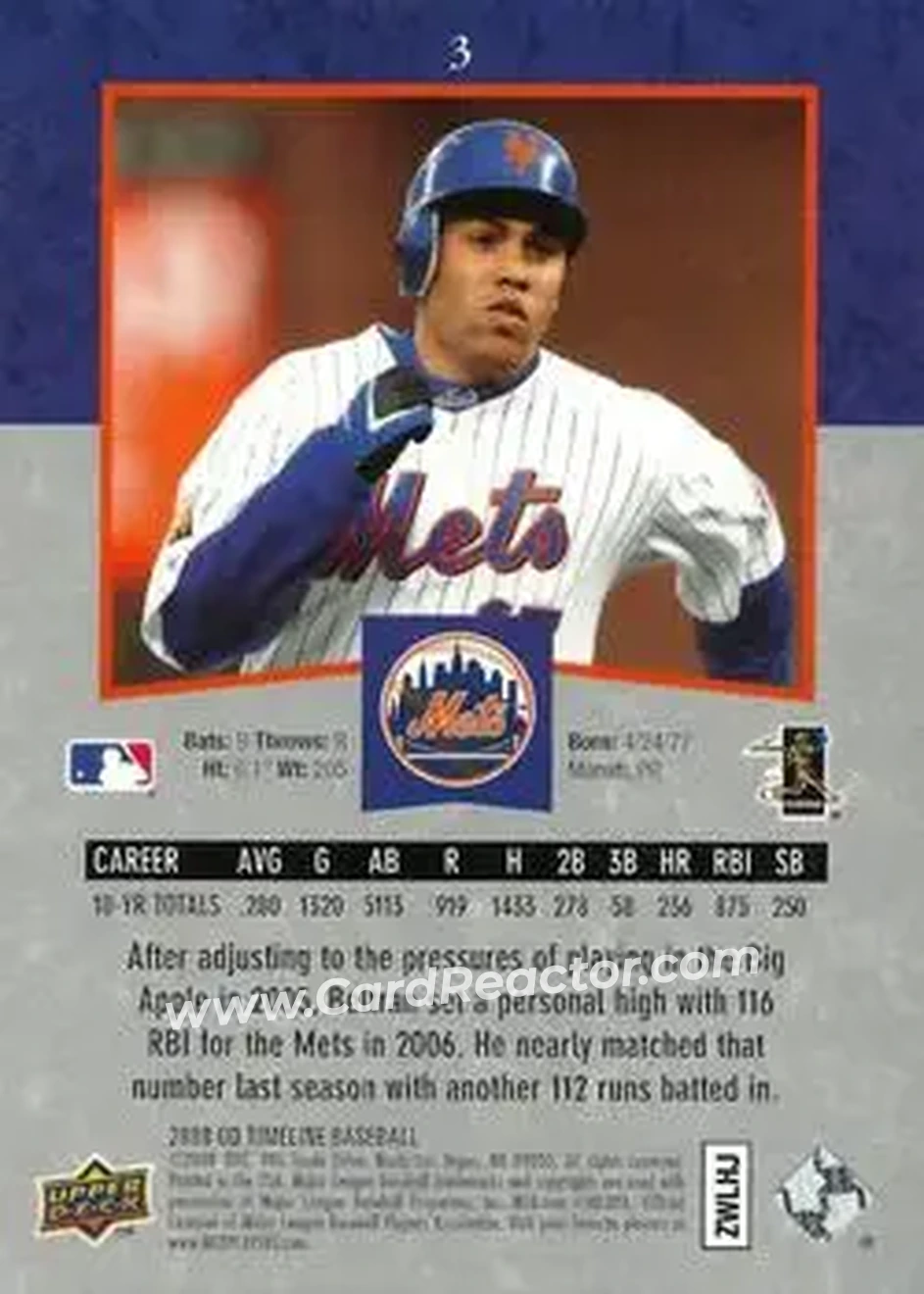 2008 Upper Deck Timeline #3 - Carlos Beltran - New York Mets - Back