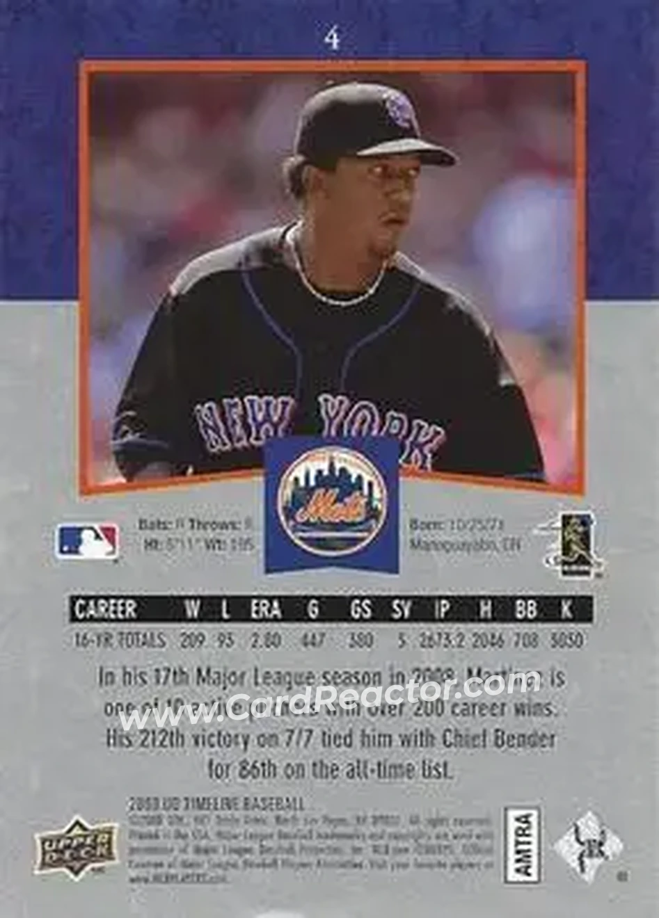 2008 Upper Deck Timeline #4 - Pedro Martinez - New York Mets - Back 2008 Upper Deck Timeline #4 - Pedro Martinez - New York Mets - Back