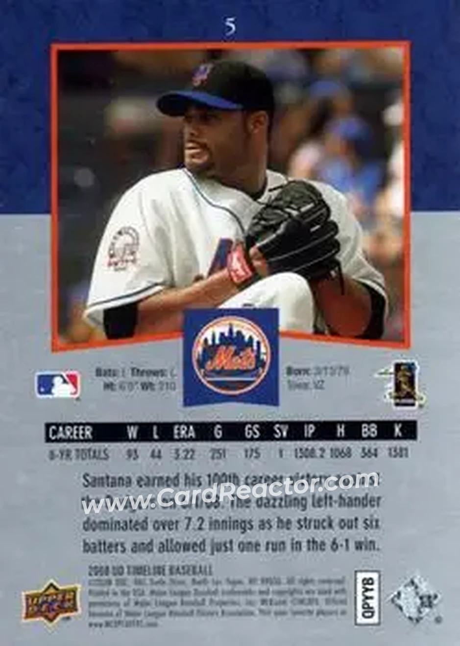 2008 Upper Deck Timeline #5 - Johan Santana - New York Mets - Back 2008 Upper Deck Timeline #5 - Johan Santana - New York Mets - Back