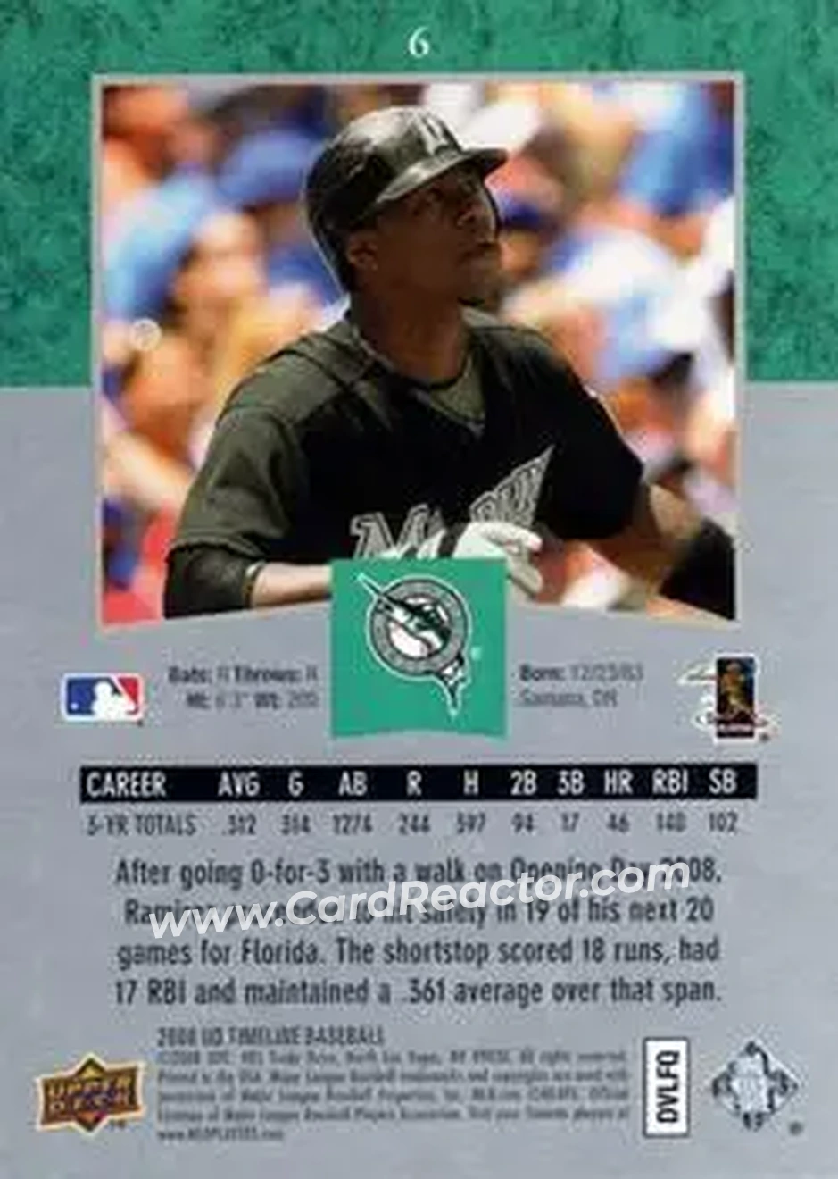 2008 Upper Deck Timeline #6 - Hanley Ramirez - Florida Marlins - Back