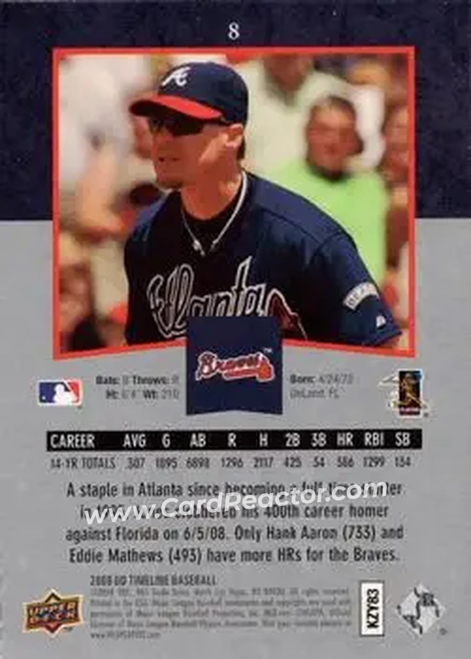 2008 Upper Deck Timeline #8 - Chipper Jones - Atlanta Braves - Back