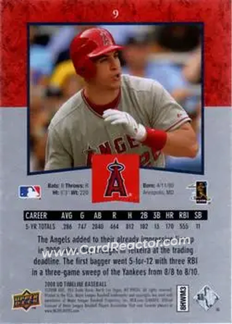 2008 Upper Deck Timeline #9 - Mark Teixeira - Los Angeles Angels - Back