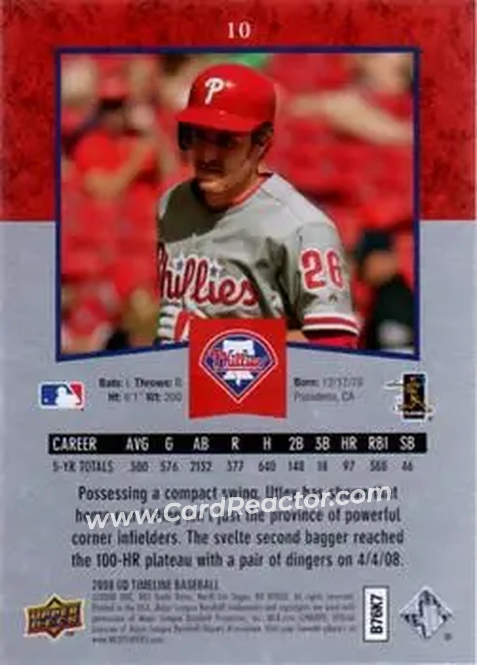 2008 Upper Deck Timeline #10 - Chase Utley - Philadelphia Phillies - Back