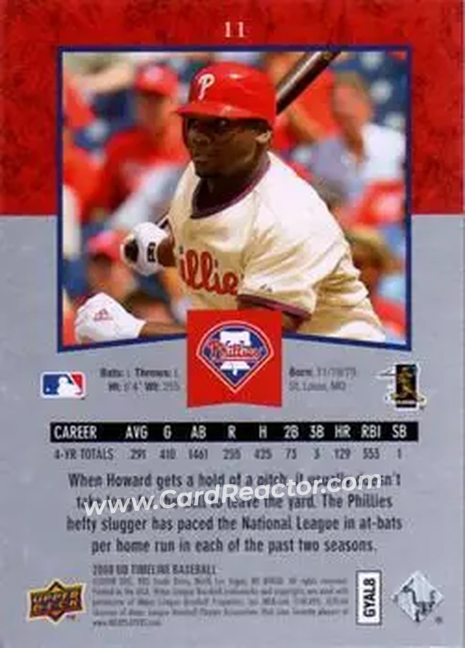 2008 Upper Deck Timeline #11 - Ryan Howard - Philadelphia Phillies - Back