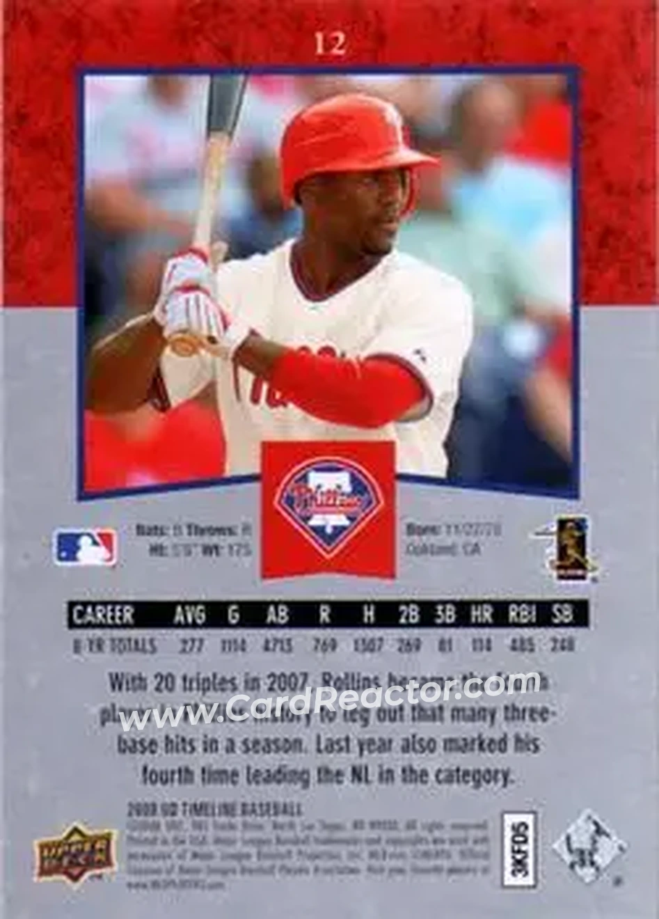 2008 Upper Deck Timeline #12 - Jimmy Rollins - Philadelphia Phillies - Back