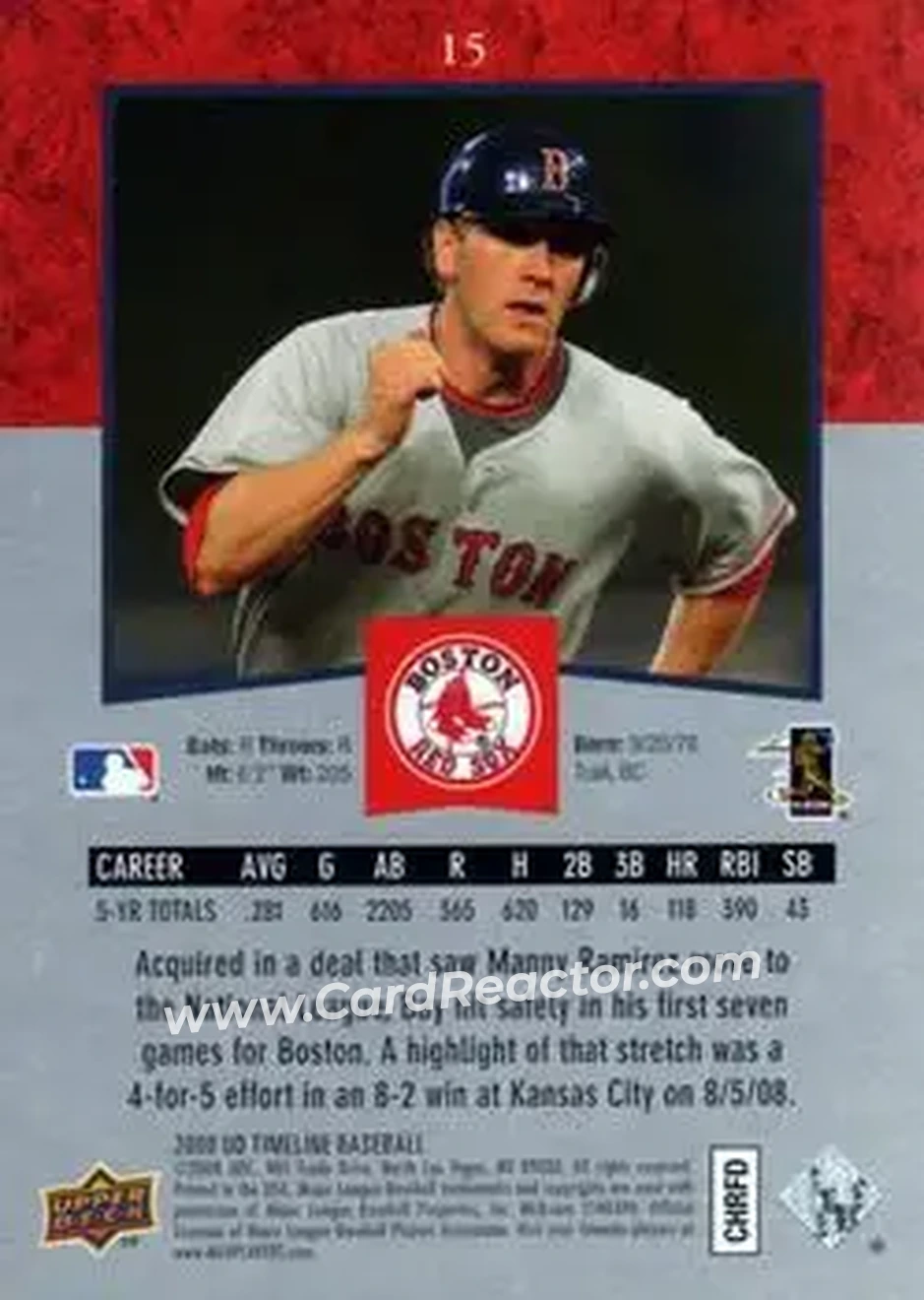 2008 Upper Deck Timeline #15 - Jason Bay - Boston Red Sox - Back