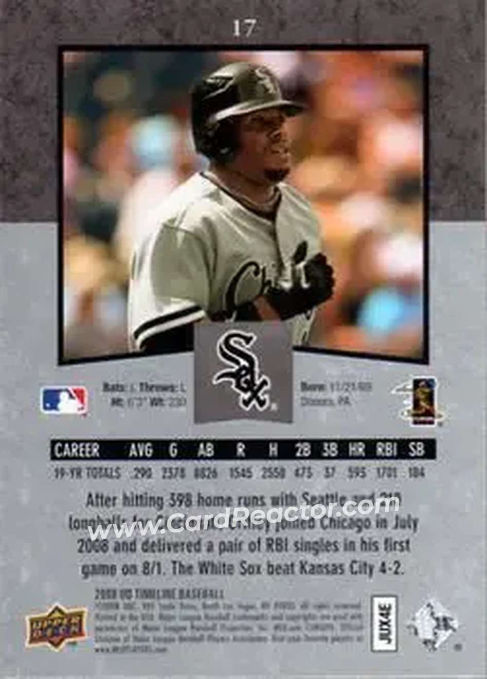 2008 Upper Deck Timeline #17 - Ken Griffey Jr. - Chicago White Sox - Back 2008 Upper Deck Timeline #17 - Ken Griffey Jr. - Chicago White Sox - Back
