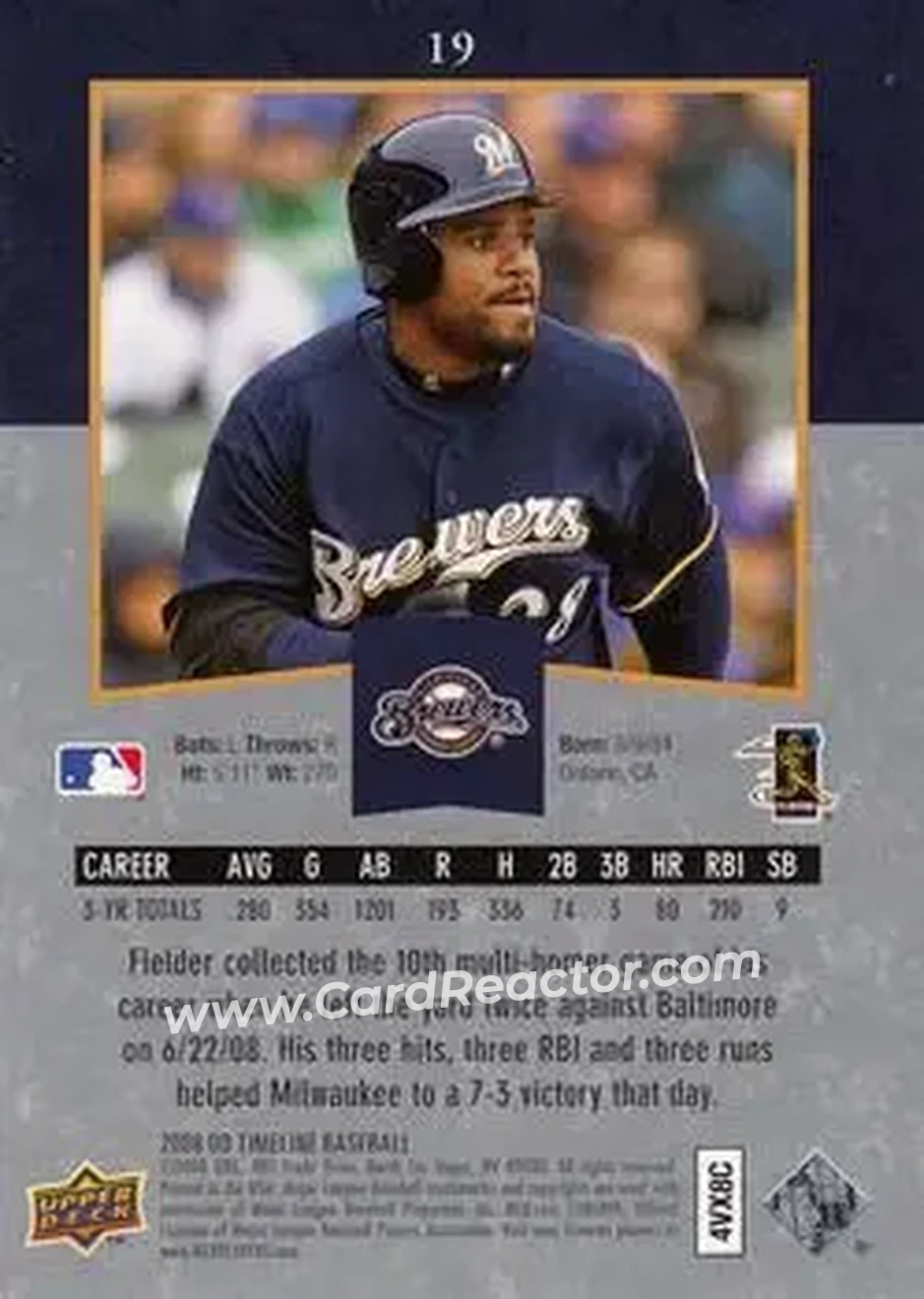 2008 Upper Deck Timeline #19 - Prince Fielder - Milwaukee Brewers - Back