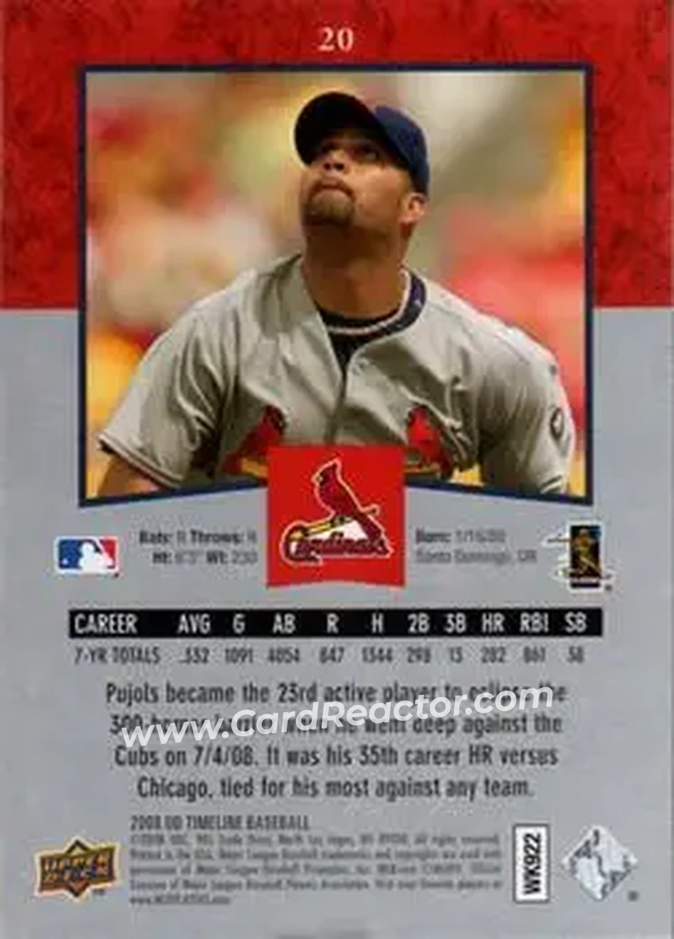 2008 Upper Deck Timeline #20 - Albert Pujols - St. Louis Cardinals - Back 2008 Upper Deck Timeline #20 - Albert Pujols - St. Louis Cardinals - Back