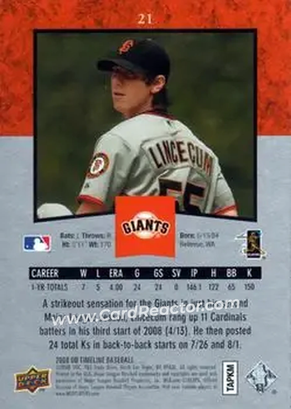 2008 Upper Deck Timeline #21 - Tim Lincecum - San Francisco Giants - Back