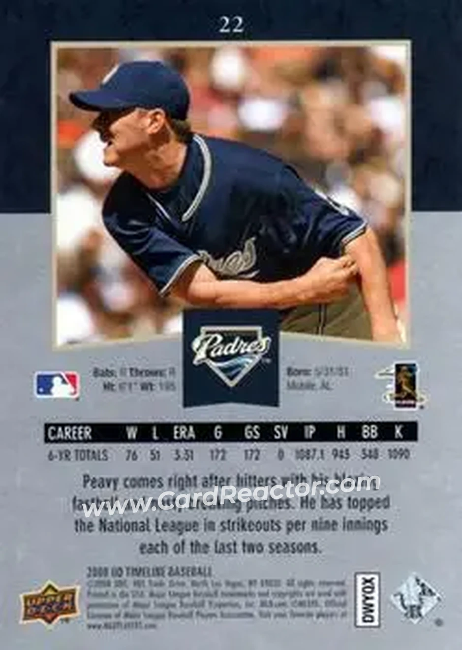 2008 Upper Deck Timeline #22 - Jake Peavy - San Diego Padres - Back