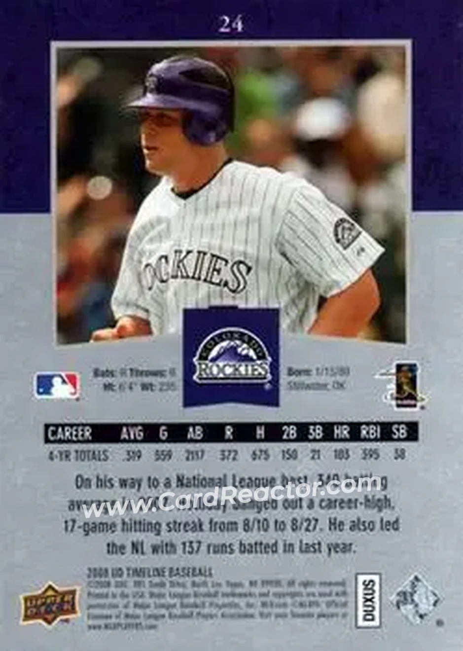 2008 Upper Deck Timeline #24 - Matt Holliday - Colorado Rockies - Back