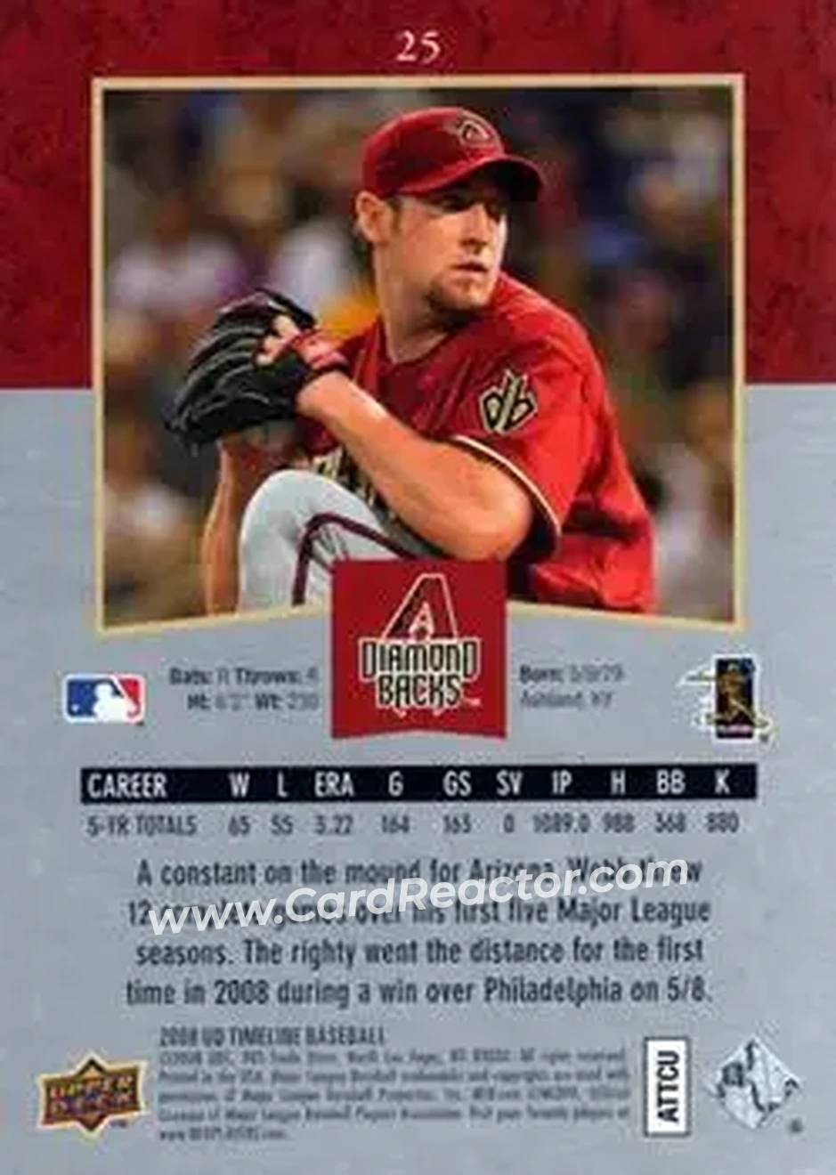 2008 Upper Deck Timeline #25 - Brandon Webb - Arizona Diamondbacks - Back