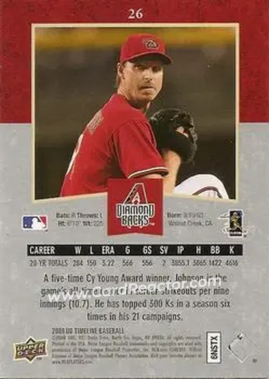 2008 Upper Deck Timeline #26 - Randy Johnson - Arizona Diamondbacks - Back 2008 Upper Deck Timeline #26 - Randy Johnson - Arizona Diamondbacks - Back