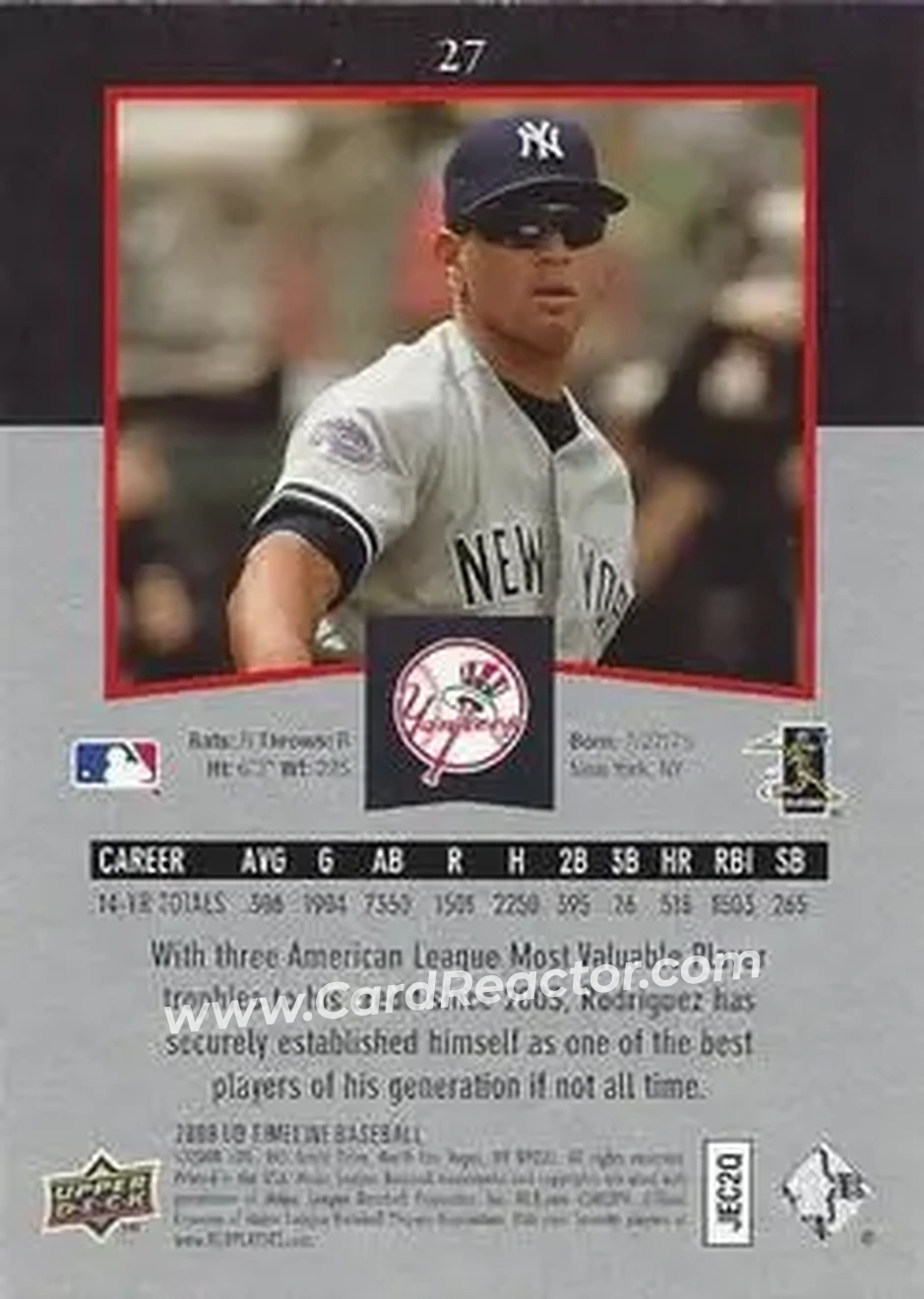 2008 Upper Deck Timeline #27 - Alex Rodriguez - New York Yankees - Back