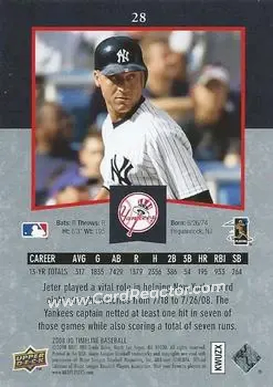 2008 Upper Deck Timeline #28 - Derek Jeter - New York Yankees - Back