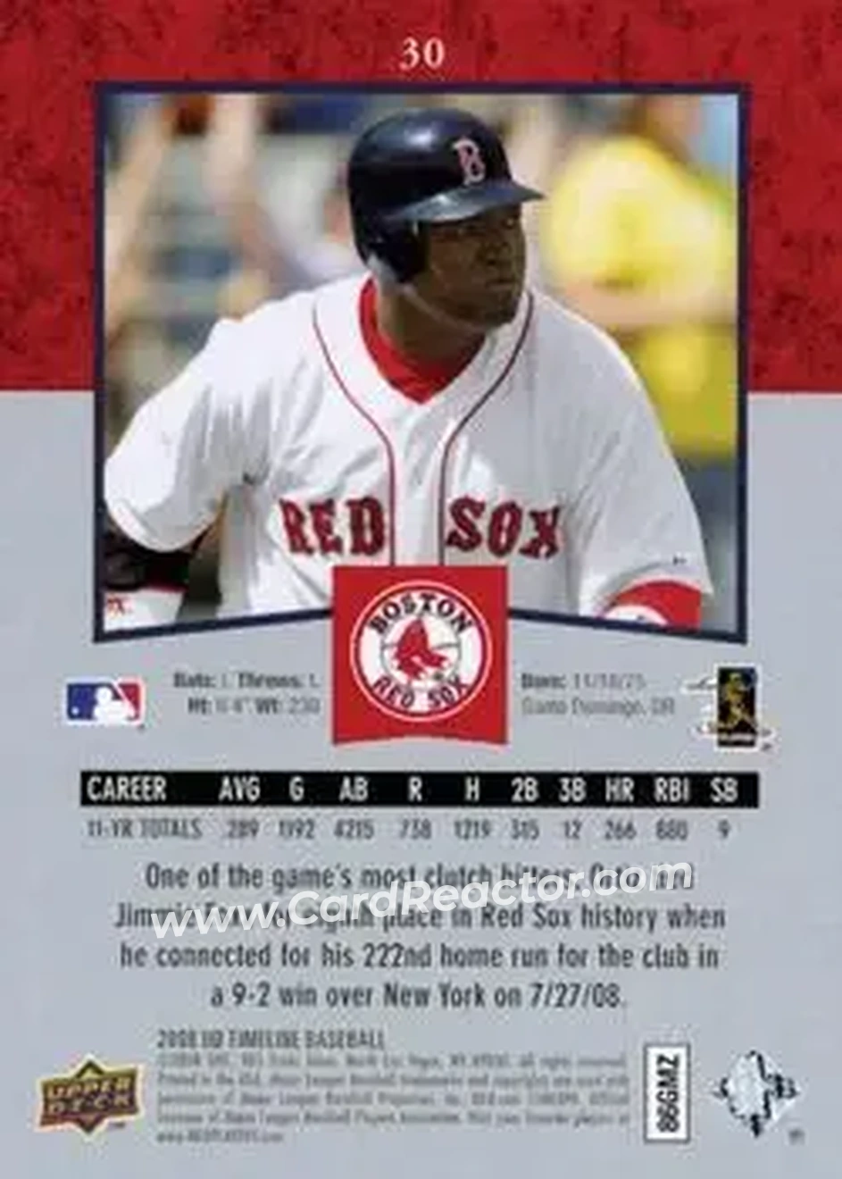 2008 Upper Deck Timeline #30 - David Ortiz - Boston Red Sox - Back