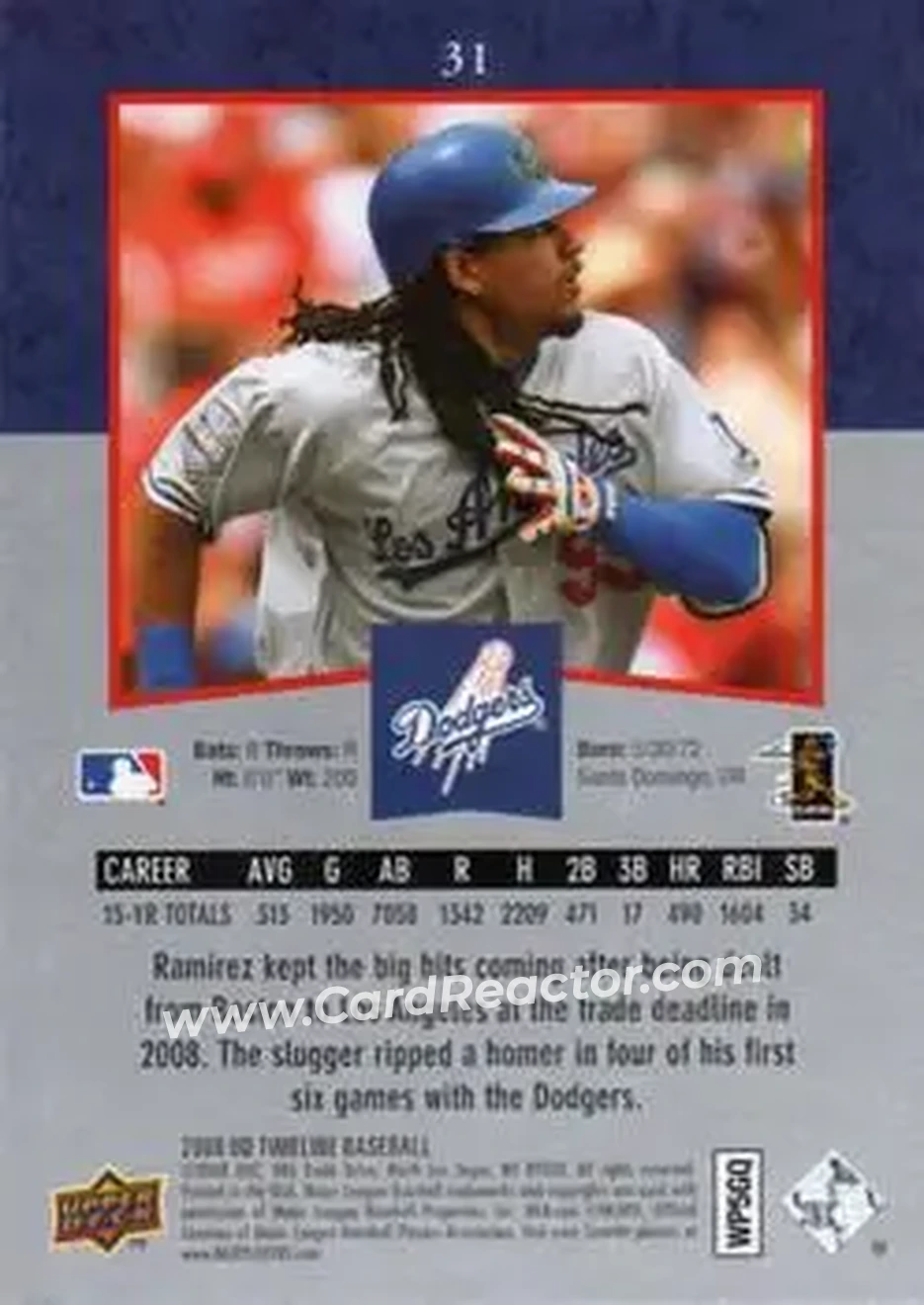 2008 Upper Deck Timeline #31 - Manny Ramirez - Los Angeles Dodgers - Back 2008 Upper Deck Timeline #31 - Manny Ramirez - Los Angeles Dodgers - Back