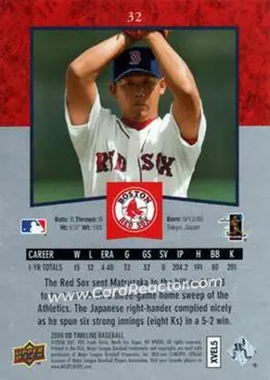 2008 Upper Deck Timeline #32 - Daisuke Matsuzaka - Boston Red Sox - Back