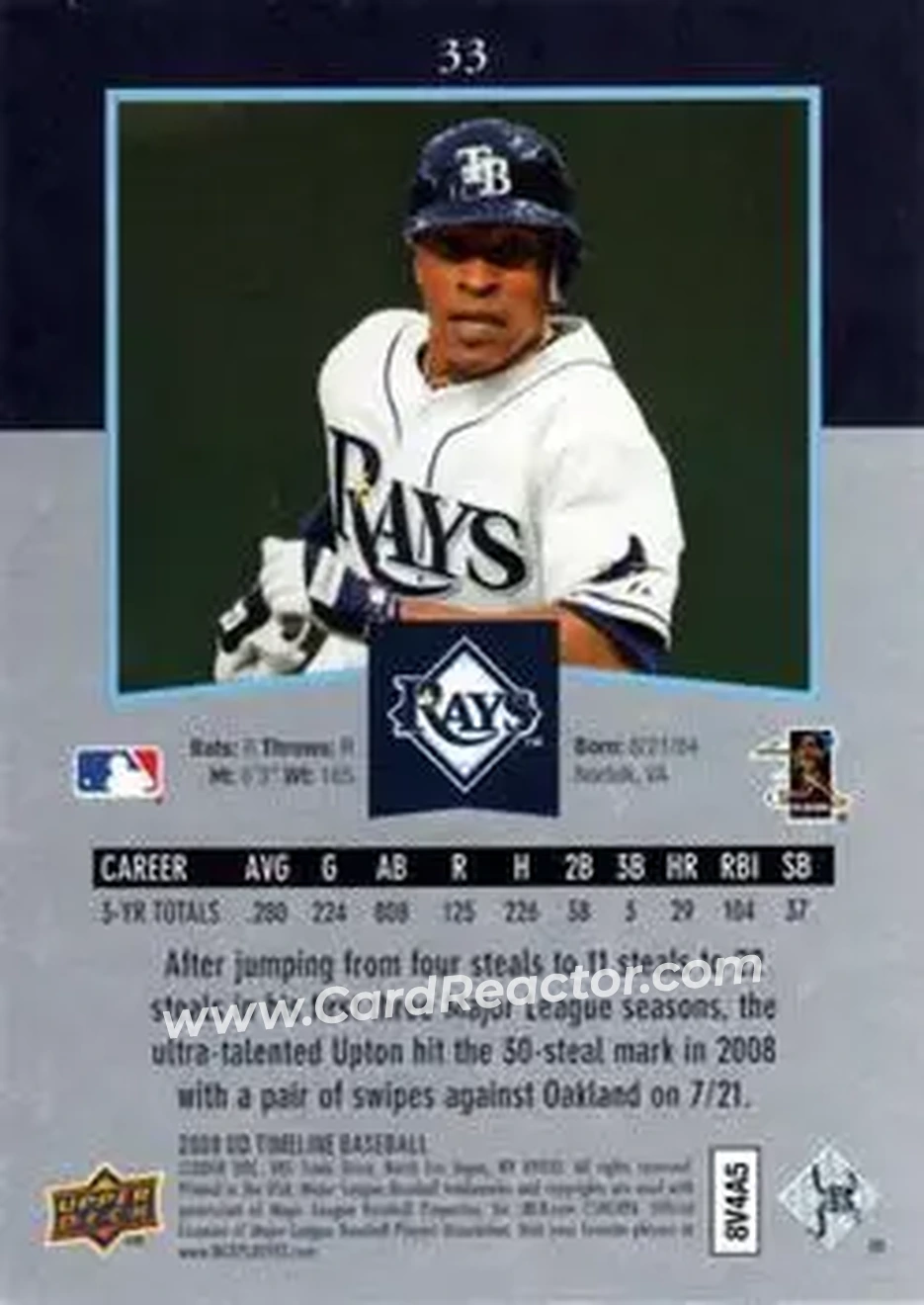 2008 Upper Deck Timeline #33 - B.J. Upton - Tampa Bay Rays - Back 2008 Upper Deck Timeline #33 - B.J. Upton - Tampa Bay Rays - Back