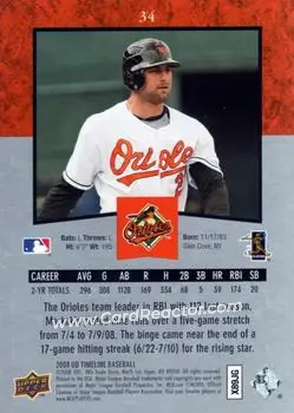 2008 Upper Deck Timeline #34 - Nick Markakis - Baltimore Orioles - Back