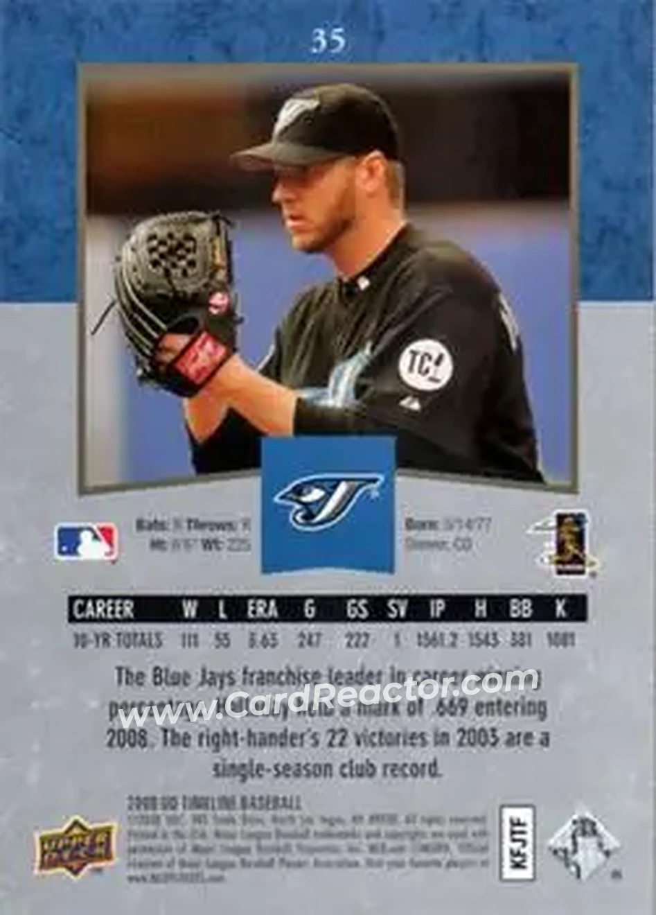 2008 Upper Deck Timeline #35 - Roy Halladay - Toronto Blue Jays - Back