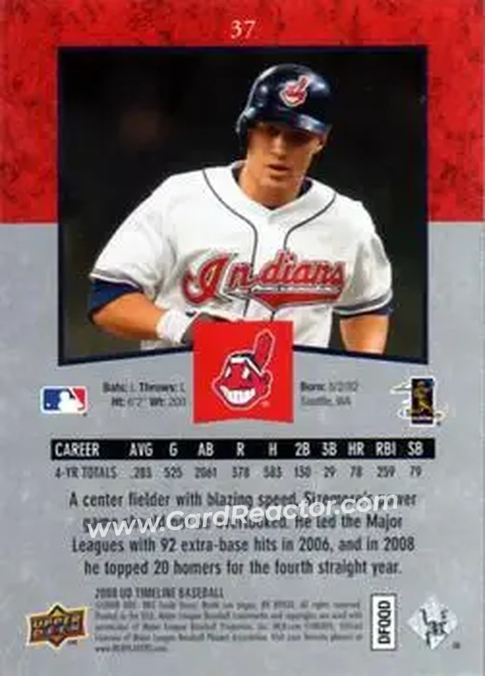 2008 Upper Deck Timeline #37 - Grady Sizemore - Cleveland Indians - Back