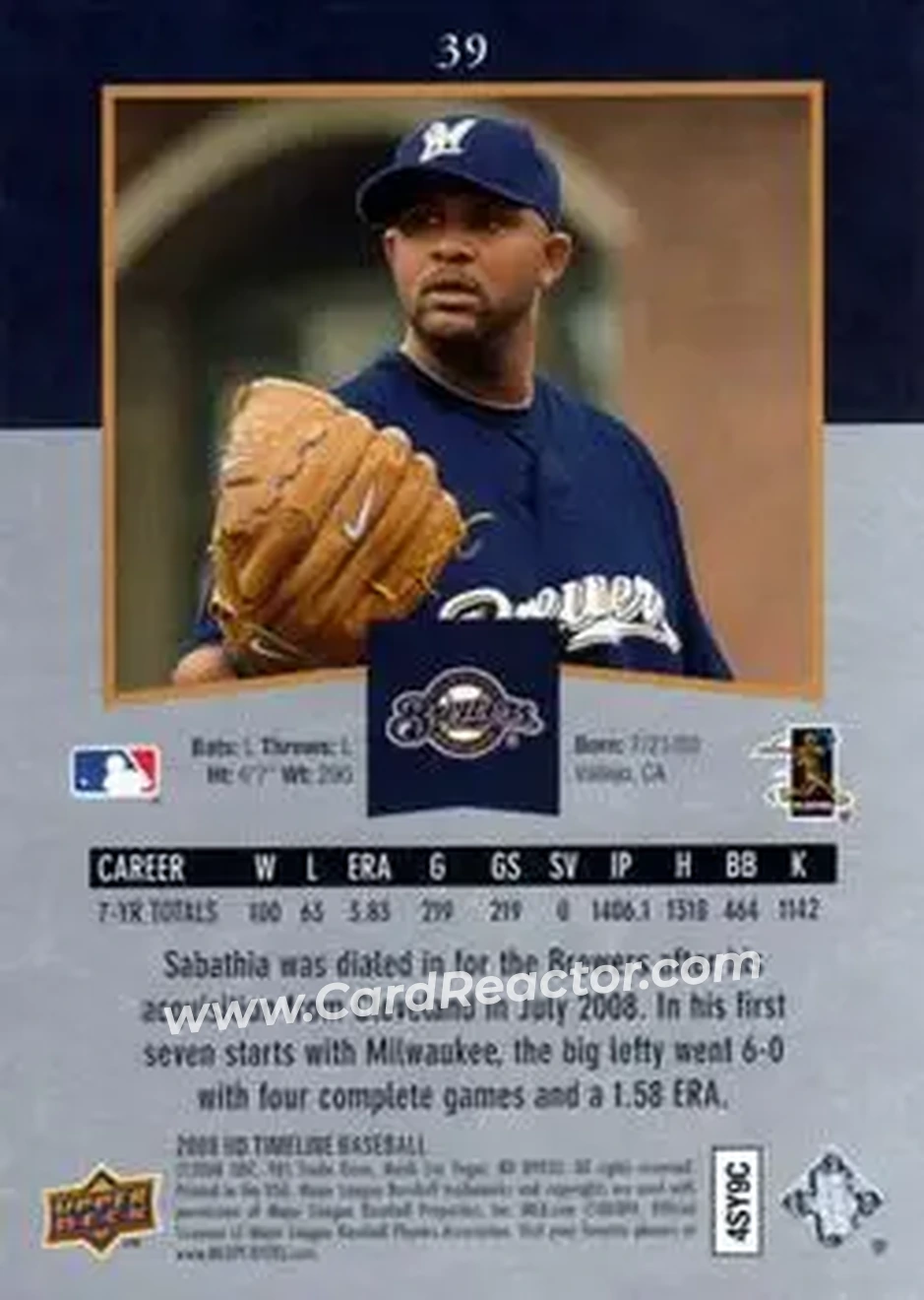 2008 Upper Deck Timeline #39 - CC Sabathia - Milwaukee Brewers - Back