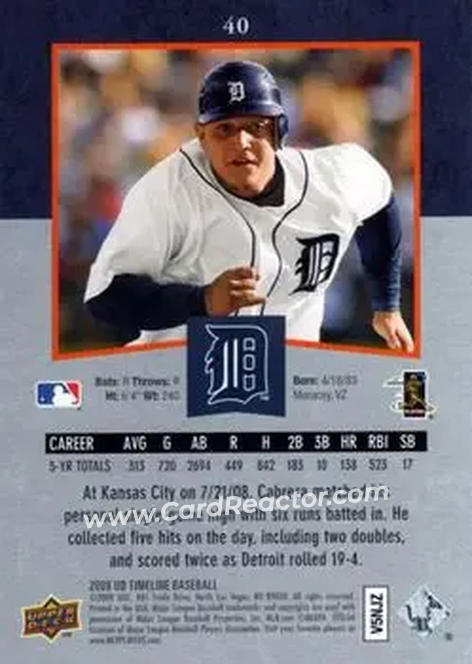 2008 Upper Deck Timeline #40 - Miguel Cabrera - Detroit Tigers - Back