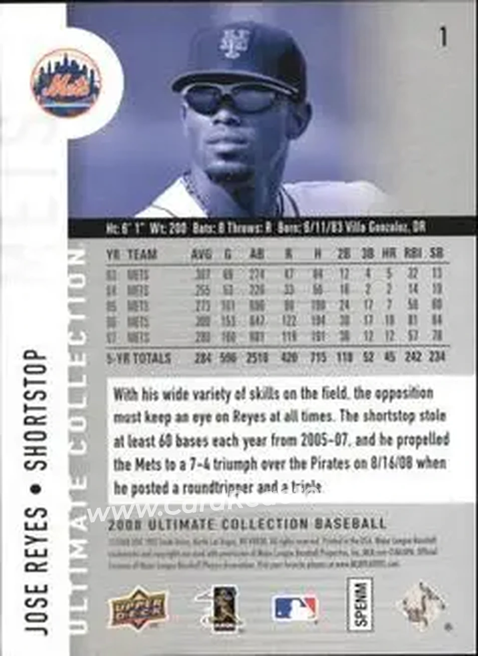 2008 Upper Deck Ultimate Collection #1 - Jose Reyes - New York Mets - Back 2008 Upper Deck Ultimate Collection #1 - Jose Reyes - New York Mets - Back