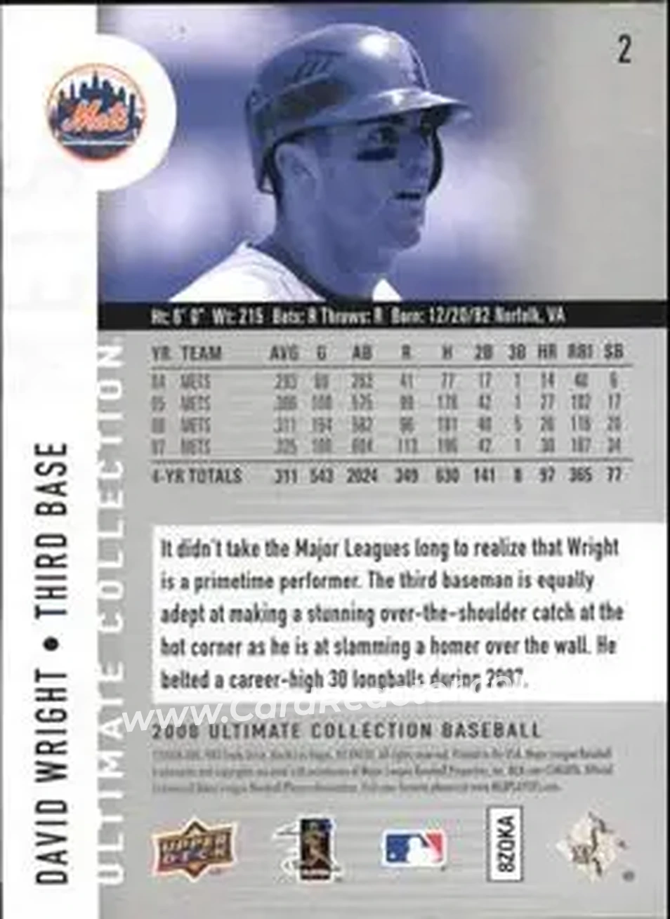 2008 Upper Deck Ultimate Collection #2 - David Wright - New York Mets - Back 2008 Upper Deck Ultimate Collection #2 - David Wright - New York Mets - Back