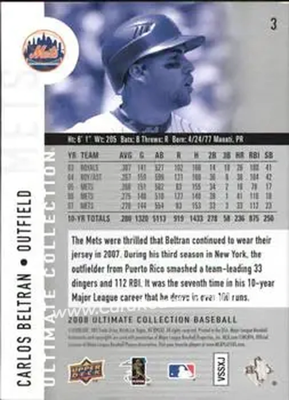 2008 Upper Deck Ultimate Collection #3 - Carlos Beltran - New York Mets - Back 2008 Upper Deck Ultimate Collection #3 - Carlos Beltran - New York Mets - Back