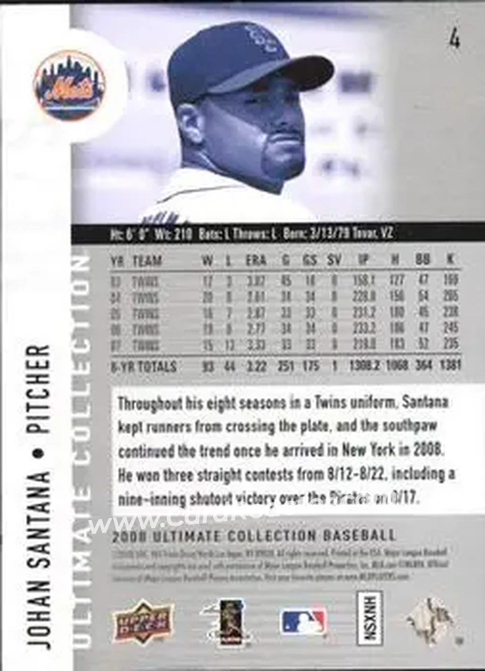 2008 Upper Deck Ultimate Collection #4 - Johan Santana - New York Mets - Back 2008 Upper Deck Ultimate Collection #4 - Johan Santana - New York Mets - Back